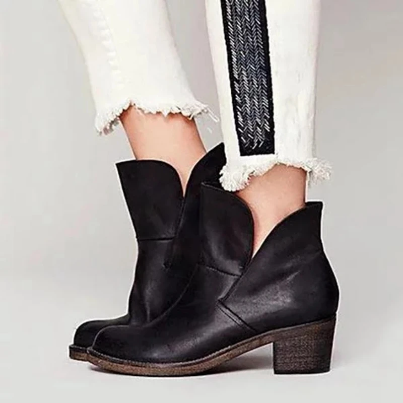 

Oeak Vintage Boots Women PU Slip-on Shoes Women Short Boots Square Heels Fashion Pointed Toe Botas Mujer Women Solid Color Ankle