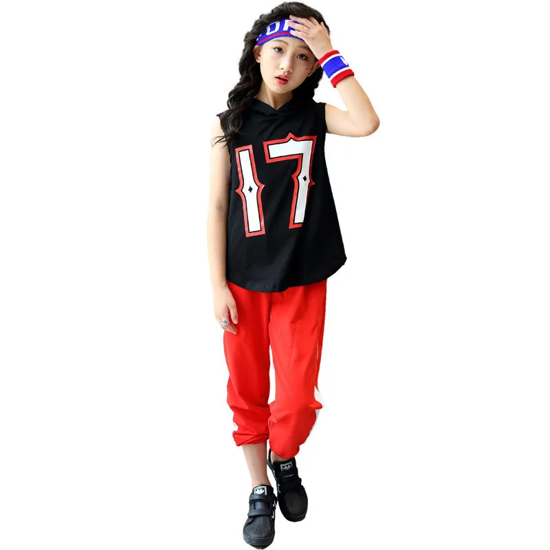 Girls Black long Hoodie Top Sleeveless Red Jogger Pants Jazz Hip Hop Dance Clothes For Kids Teen Girls Summer Sport Suits (4)