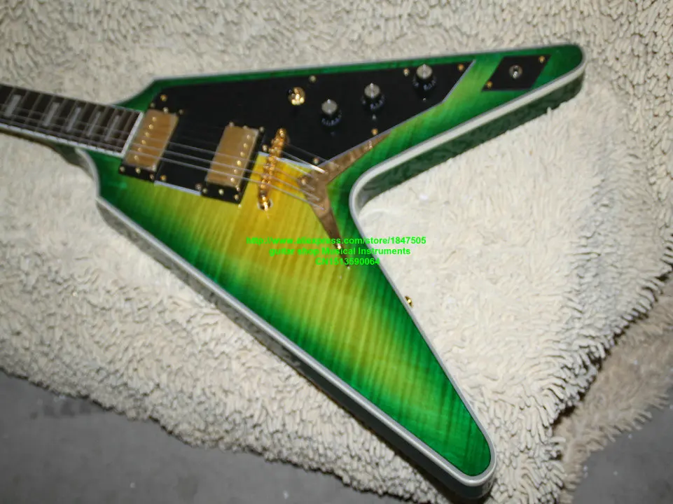 Лучшие Качества Фабрика Custom G Flying V Электрическая гитара формы + Зеленый цвет взрыв + тело лучших ААА класса тигра falme