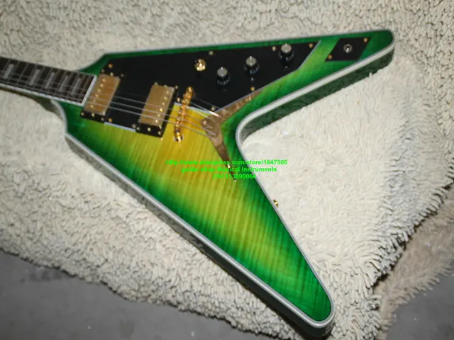 Best price at $291 Cheap Top Quality Factory Custom G Flying V Electric guitar shape+Green burst color+body top AAA grade tiger falme