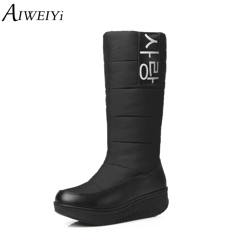 

AIWEIYi Mid-calf Boots for Women Down Material Short Plush Warm Winter Shoes Wedge Heel Flat Shoes Keep Warm Boots