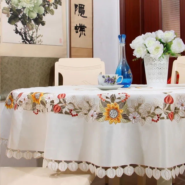 Yazi Embroidered Beige Sun Flower Round Tablecloth Cutwork Yazi Embroidered Beige Sun Flower Round Tablecloth Cutwork Dining Room Table Cover Home Kitchen Decor