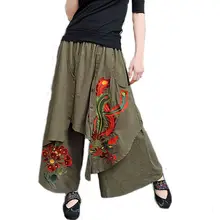 #2002 2017 Bordado floral de Moda Casual pantalones de pierna Ancha pantalones de La Falda de las mujeres de Lino pantalones Pantalon femme Pantalon mujer Floja