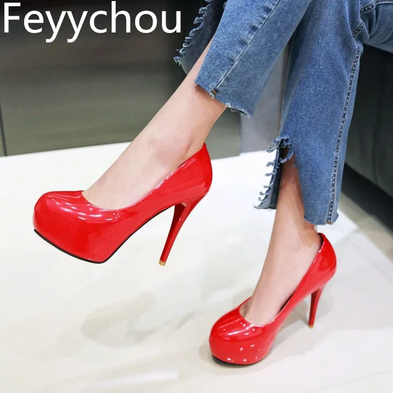 

Women's Pumps Super High Heels Shoes Patent Leather Round Toe Platform Slip on Spring Autumn Sexy New Fashion Party Wedding Red