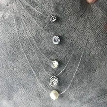 Fashion Square Imitation Pearl Cz Stone Crystal Zircon Necklace Invisible Transparent Fishing Line Chain Necklace For Women