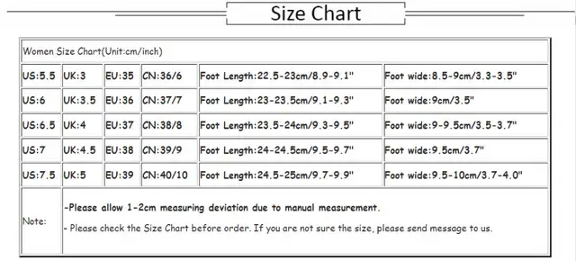 Female Slipper Size Chart