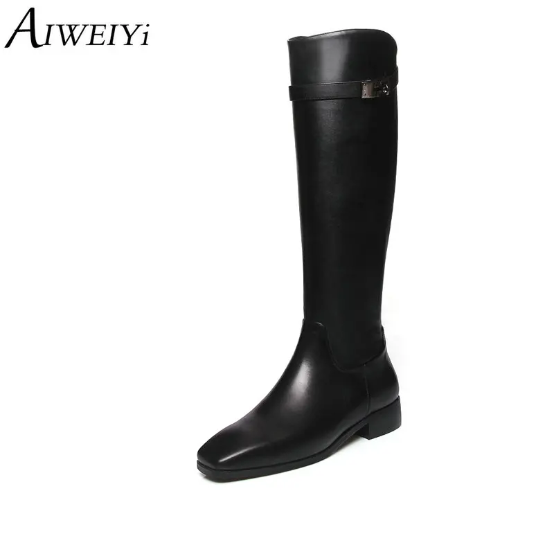 

AIWEIYi New Fashion Women Winter Boots Black Square Toe Thick Heel Low Heels Martin Boots Knee High Riding Boots Black Shoes