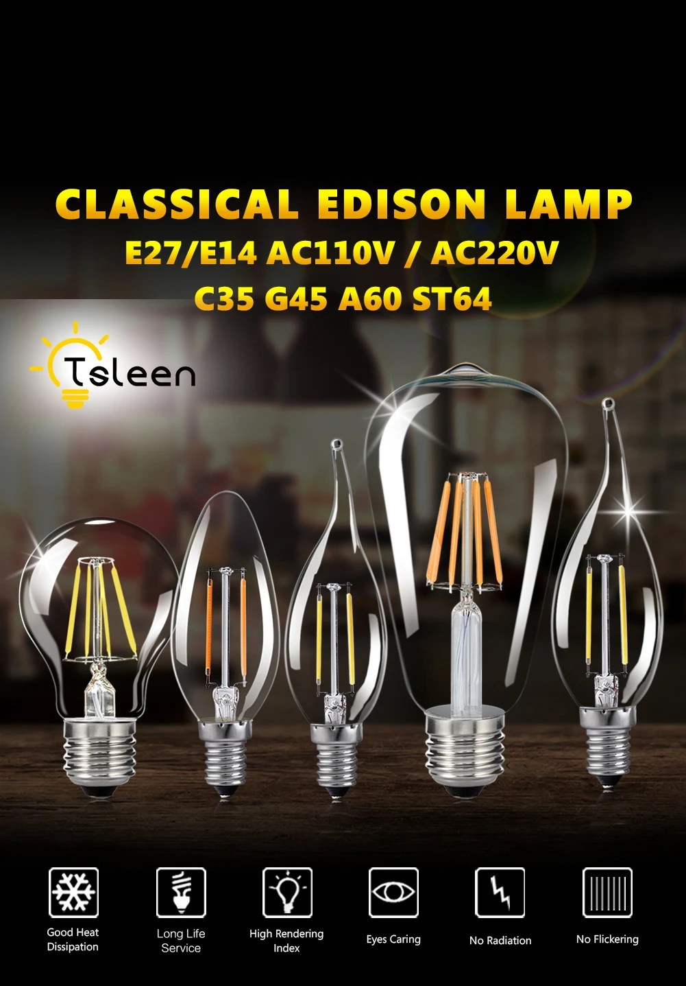 6 шт диммер 220 V 8 W 16 W E14 E27 Ретро Винтаж Edison светодиодный свет лампы накаливания затемнения лампы C35 ST64 A60 светодиодный лампы украшения дома