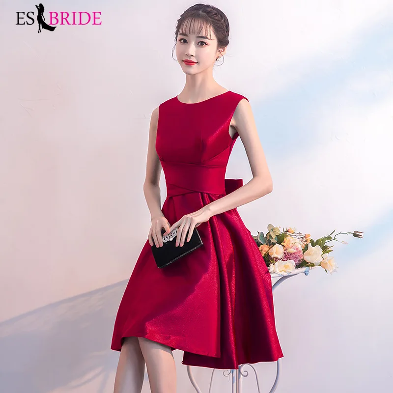 

2019 New Arrival Lace Red Evening Dresses Round Collar A-line Sleeveless Short Party Gowns Sexy Wedding Evening Gowns ES1137