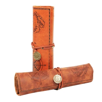 

Vintage Retro Treasure Map Pencil Cases Luxury Roll Leather PU Pen Bag Pouch For Stationery School Supplies Make Up Cosmetic Bag