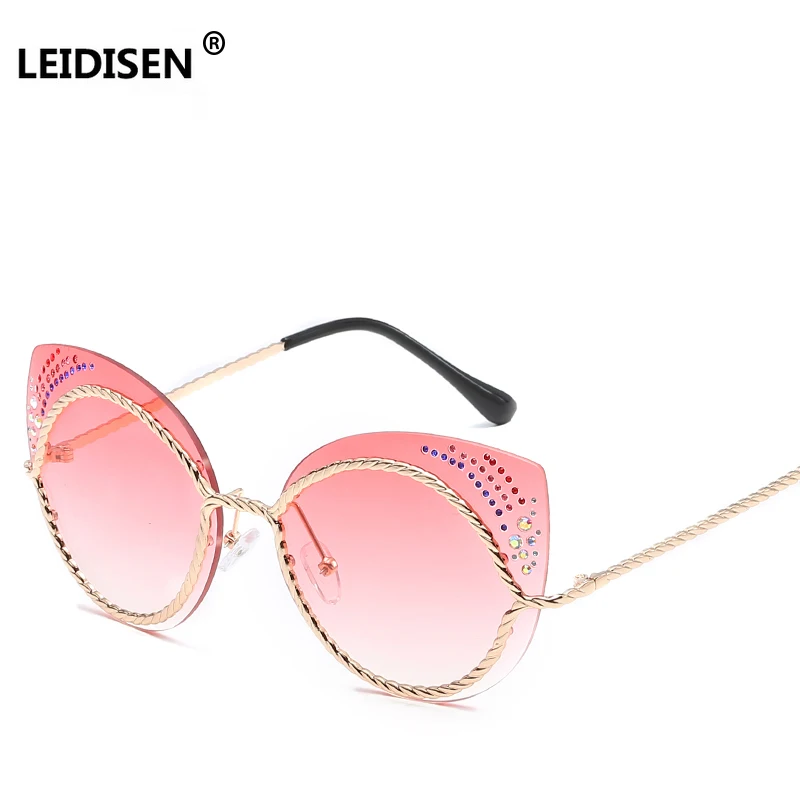LEIDISEN Cateye, роскошные солнцезащитные очки, алмаз, модная металлическая оправа, солнцезащитные очки для дам, фирменный дизайн, кошачий глаз, UV400, Oculos De Sol