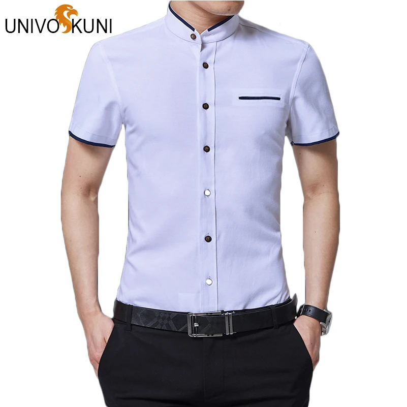 

UNIVOS KUNI Mens Dress Shirts New Hot Sale Summer Short Sleeve Male Shirt Men Fit Slim Solid Business Casual Homme Shirt Q5144