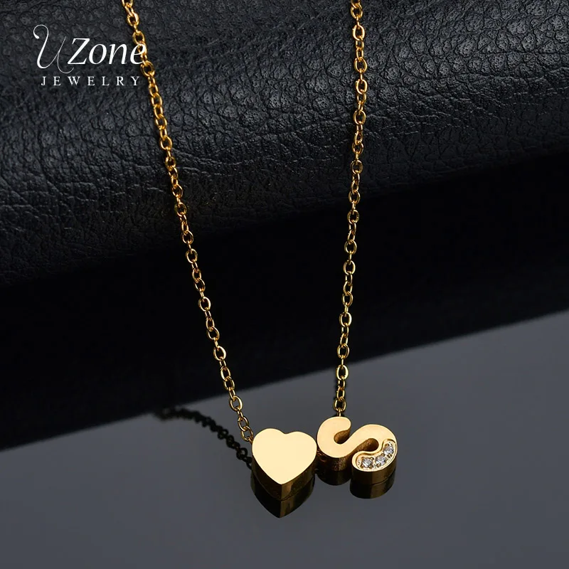 

UZone Cubic Zirconia Tiny Heart Initial Letter Necklace For Women Stainless Steel Capital Name Chain Necklace Lover Gift
