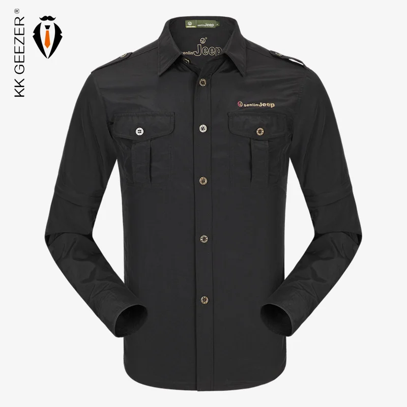 

Brand Men Fashion Quality Cotton Casual Shirt Plus Size Long-Sleeved Detachable Sleeves Autumn Brand Shirt Army Green Military