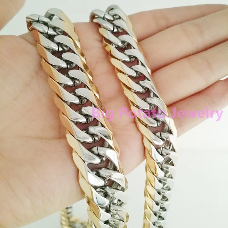 

13/16mm Silver Gold Cuban Curb Link Chain Stainless Steel For Biker Men's Necklace/Bracelet Fashion Jewelry 7-40" Custom Sizes