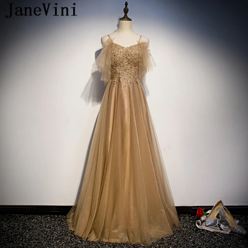 

JaneVini Sexy A Line Evening Dress Gold 2019 Spaghetti Straps Lace Appliques Beaded Backless Tulle Dresses Vestido Noche Largo