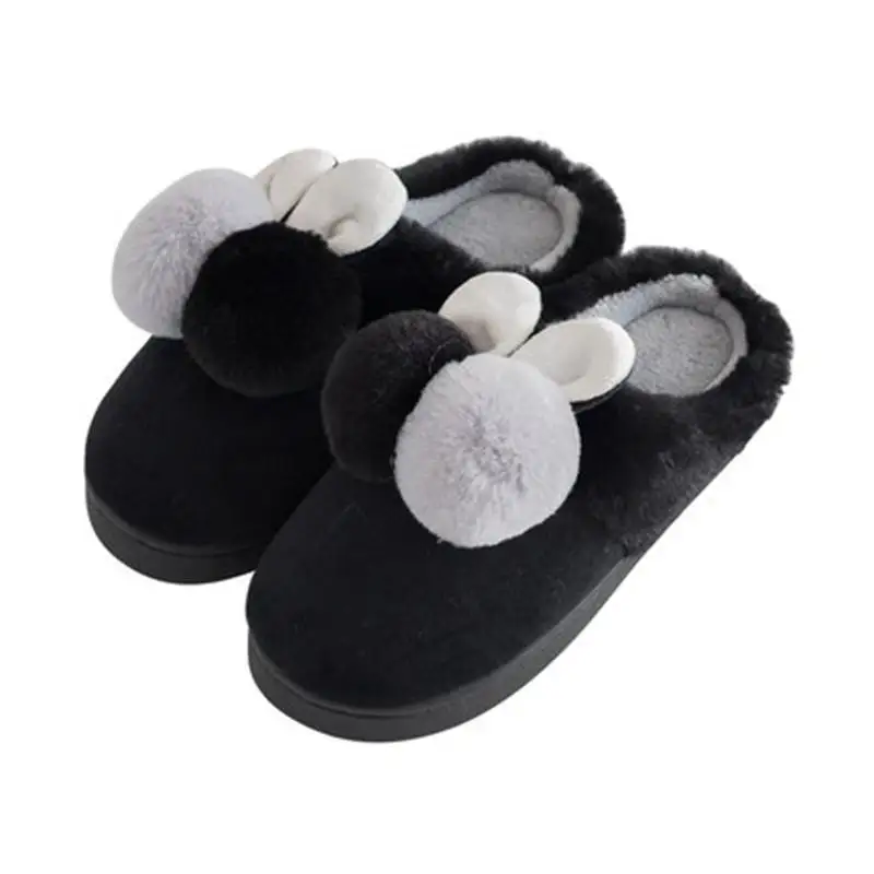 ASILETO милый кролик домашние тапочки женская обувь зима теплый плюш домашние тапочки с мехом на плоской платформе тапочки женская обувь - Цвет: Black no heel