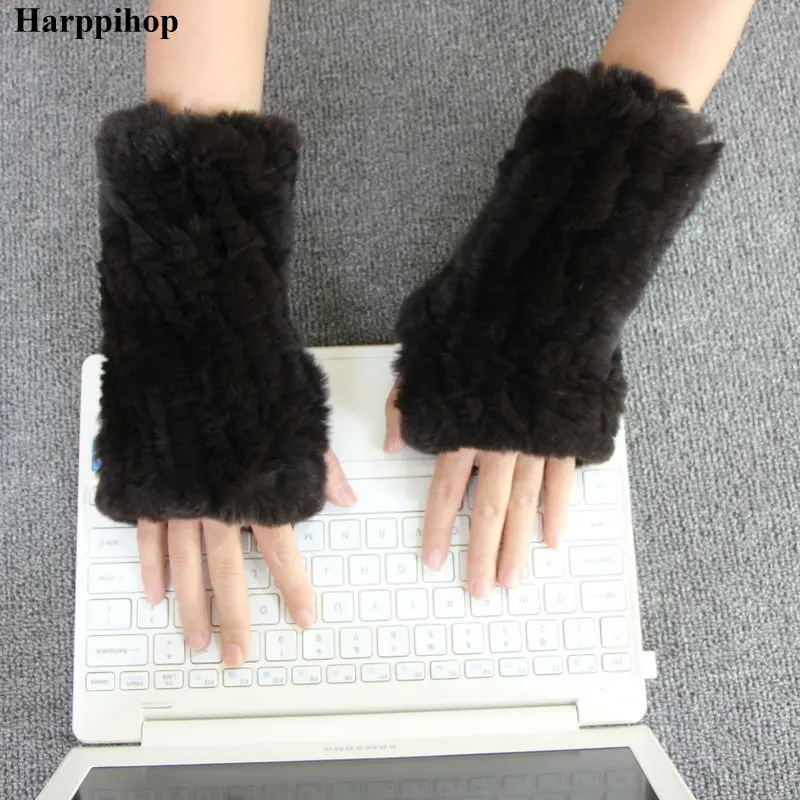 Harppihop* Для женщин натуральная Трикотажные Кролика Рекс зимние перчатки, варежки без пальцев рукава для защиты рук