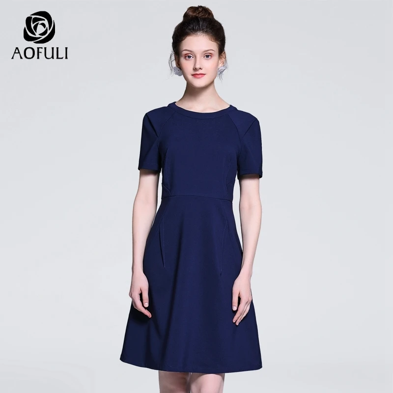 AOFULI L ~ XXXL 4XL 5XL темно синее женское приталенное платье Лето 2019 с коротким рукавом