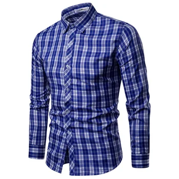 

Brand 2018 Fashion Male Shirt Long-Sleeves Tops Blue Lattices Mens Dress Shirts Slim Men Shirt S-XXL