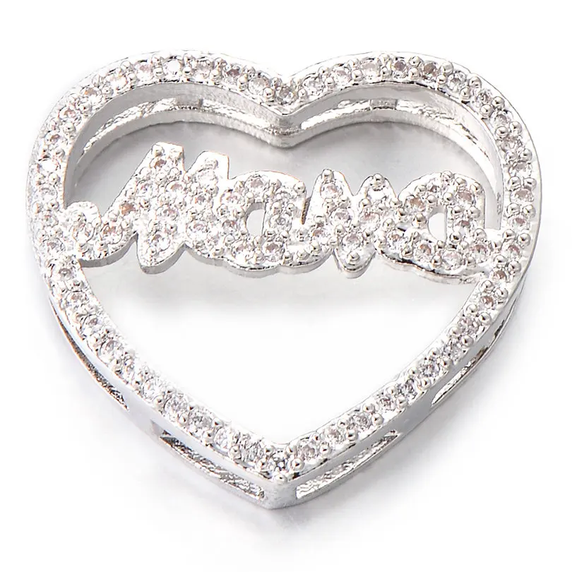 silver Heart Pipitree Mama Подвески с буквами прозрачный CZ Циркон полый слайдер бусины в форме сердца Подвески для сетчатого браслета ювелирных изделий DIY аксессуары - Metal color: silver Heart