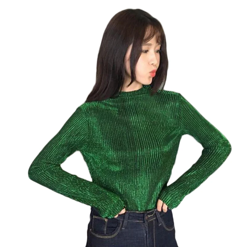 boho Turtleneck Pleated Blouse Women Lurex Slim Long Sleeve Metallic