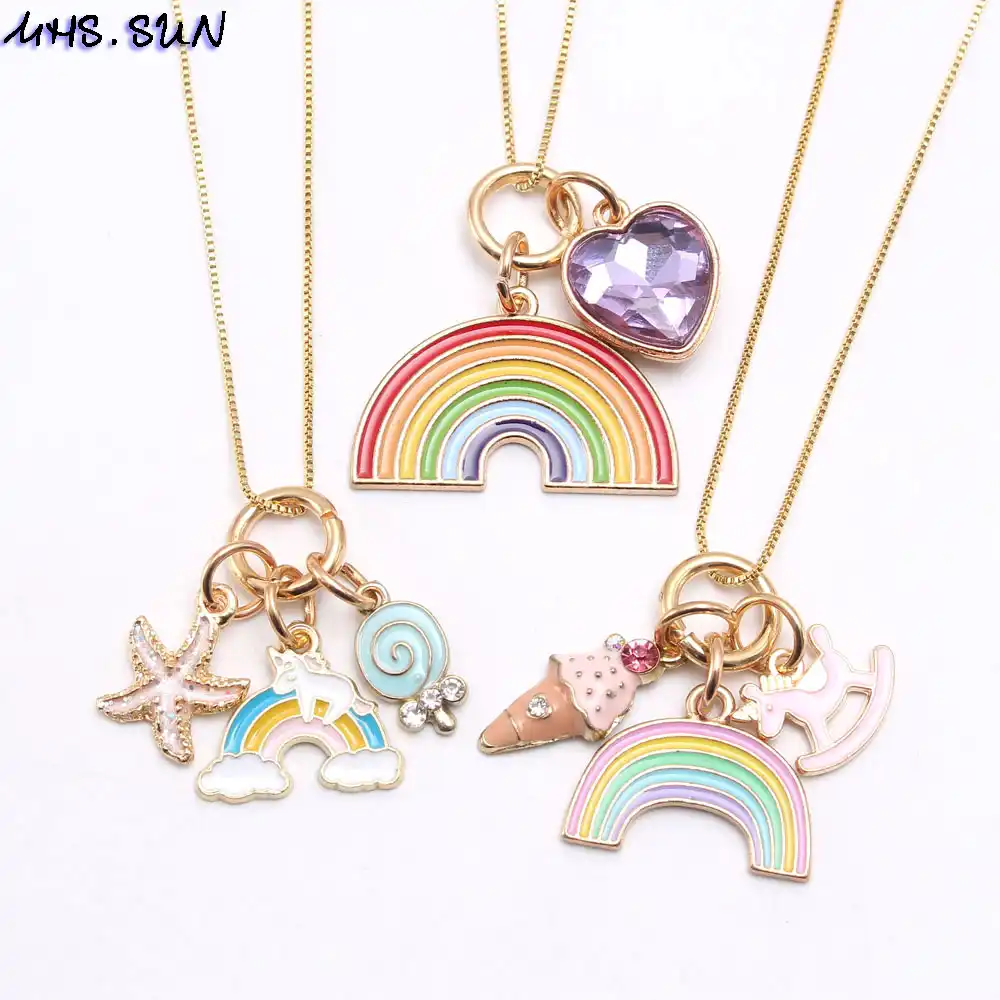 4pcs Pendant Necklaces for Kids Girls Unicorn Rainbow Mermaid Love Heart Lollipop Starfish Conch Pendants Tiny Gold Plated Play Necklace Jewelry Party Favors Gifts for Little Girls Daughter