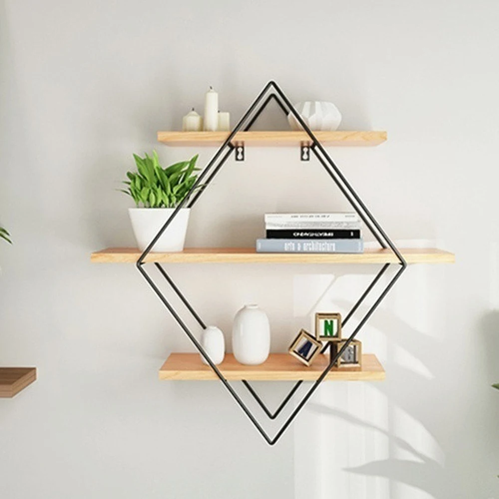 

Vintage Iron Metal Wood Wall Shelf Kitchen Storage Rack Rhombus Craft Wall Book Hanging Rack Bathroom Organizer Home Decoration
