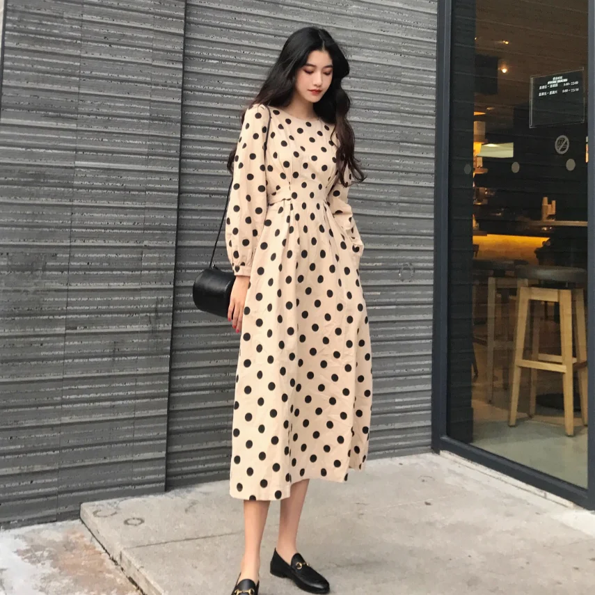 

Spring Retro Polka Dots a Line Dress Puff Sleeve High Waist Elegant Midi Dress Robe Femme Vestido Mujer Vestiti Donna Kawaii