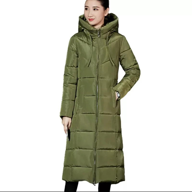 Супер теплое плотное Женское зимнее пальто размера плюс 6 XL, новинка, пуховик с капюшоном, хлопковая длинная однотонная куртка, зимняя женская верхняя одежда, парка