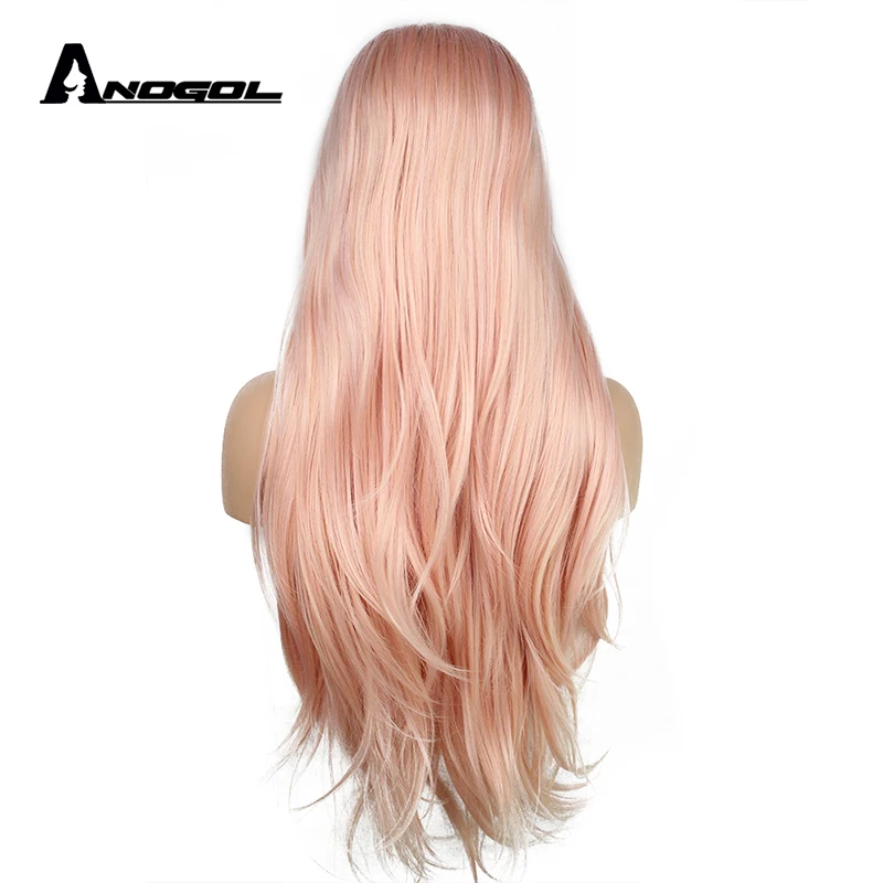 Anogol натуральный длинный прямой розовый средняя часть Высокая температура волокна термостойкие синтетические кружева спереди парик для белых женщин