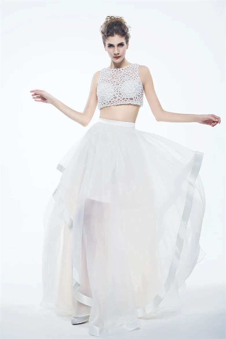 

2 Piece Evening Wedding Party Dress 2019 Real Photos High Low Two Piece White Tulle Lace Junior Prom Dresses Vestidos De Baile