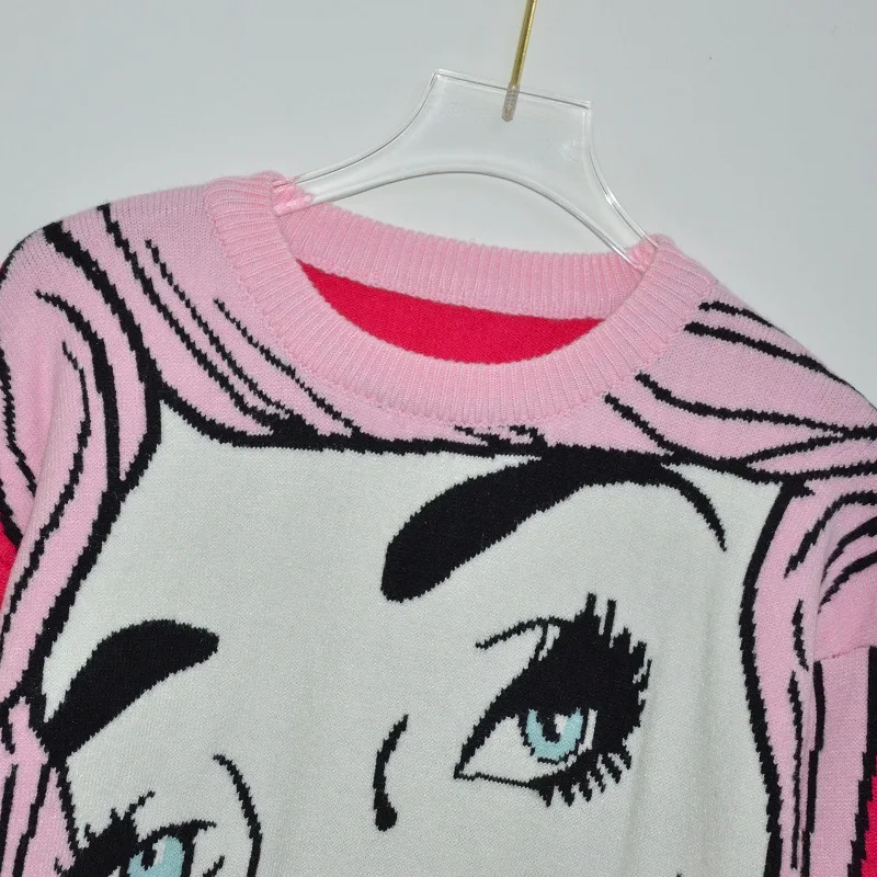 2019 autumn/Winter Women Sweaters new cartoon red Lip Girl eye round collar pullover knitted Oversize sweater Jumper z655