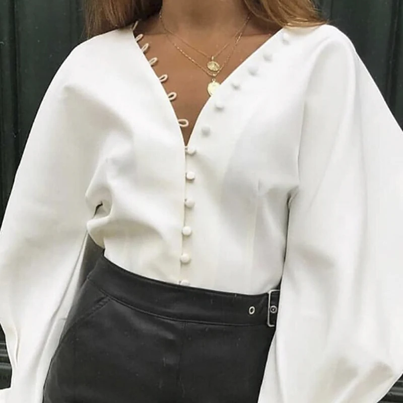 

Women Sexy V Neck Lantern sleeve Blouse Long Sleeve Blouses Autumn Button Solid White Shirt Elegant Ladies Workwear Top