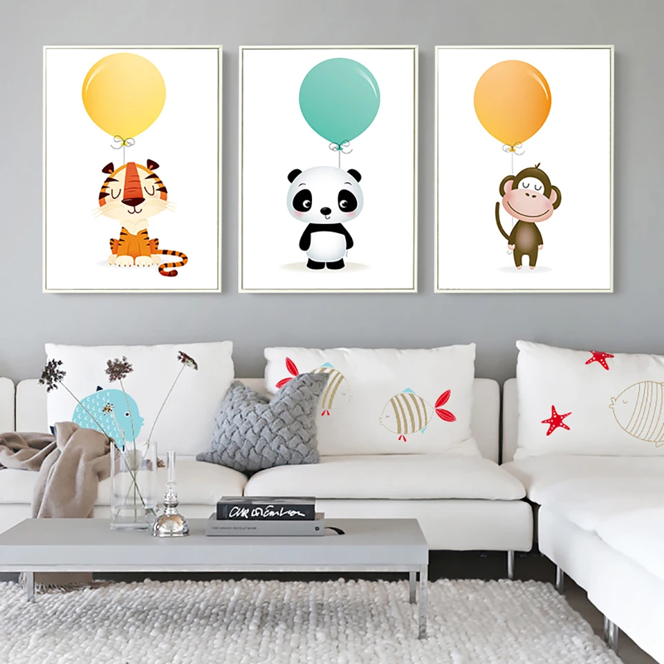 

Nordic Style Canvas Prints Cartoon Animal Balloon Painting Home Decor Wall Art Modular Pictures Watercolor Poster For Kids Room