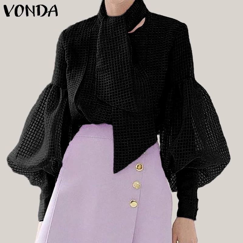 VONDA Женская просвечивающаяся блузка 2019 Прозрачные топы сексуальные сетчатые топы с рукавами-фонариками элегантные женские майки с шарфом