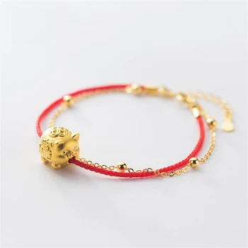 

100% 925 Sterling Silver Gold Color Pig New Year Blessing Red String Bracelet Jewelry for Women Kids Girls Jewelry Gift S2848