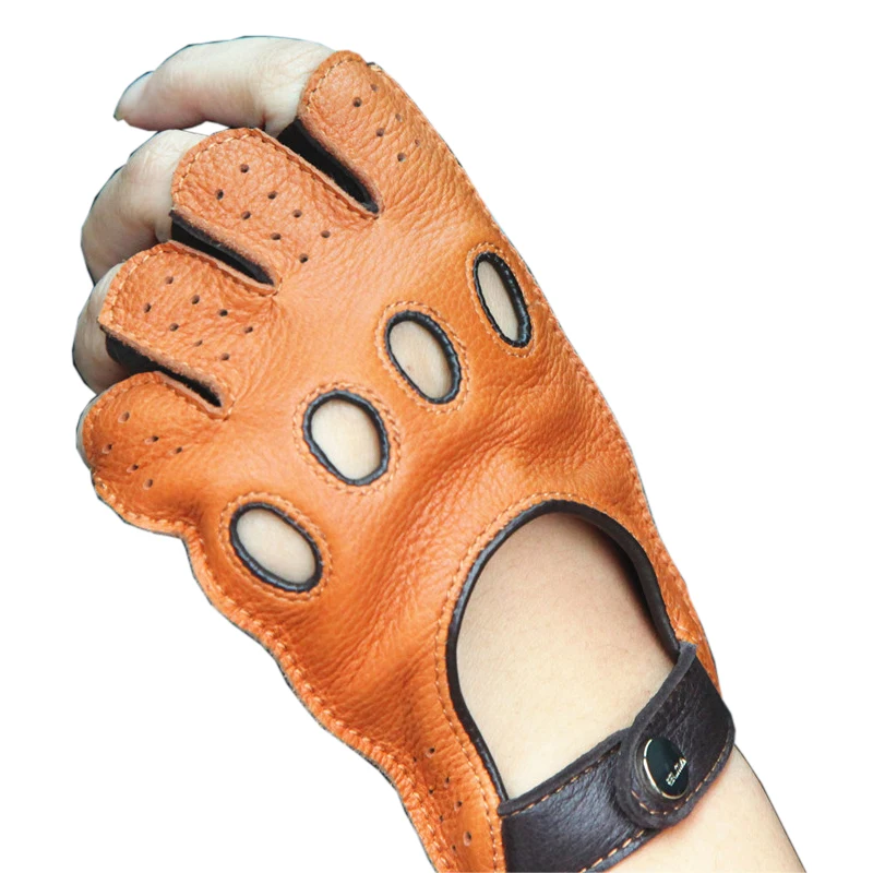 Fashion Lady Buckskin Gloves Driving Non-Slip Semi-Finger Genuine Leather Woman Deerskin Gloves Breathable Unlined EL116