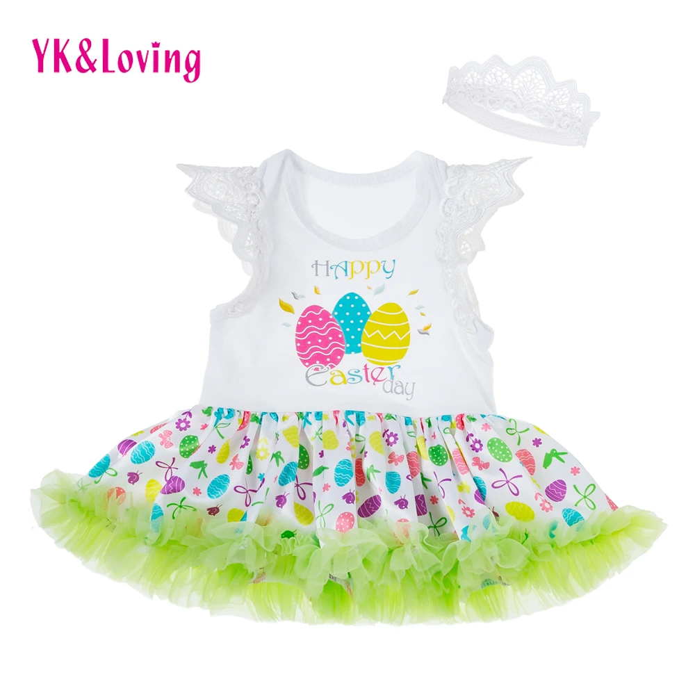

Easter girl lace dress summer Style White Short Sleeve Hollow Girls Clothes colorful eggs Green Ruffles romper tutu dress Hot