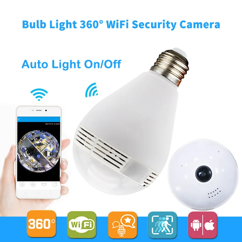 

V380 960P Wireless IP Camera Bulb Light FishEye Auto Light On Off CCTV Camera 1.3MP Panoramic Home Security WiFi Camera