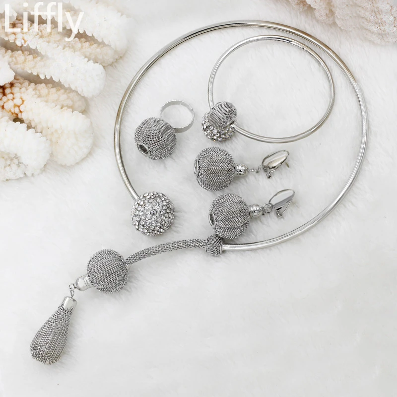 

New Fashion Italian Silver Jewelry Sets Crystal Necklace Earrings Ring Bracelet Jewelry Elegant Bride Wedding Accessories