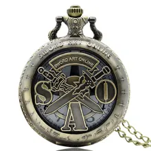 Retro hueco Vintage bronce espada arte en línea cuarzo bolsillo reloj COLLAR COLGANTE hombres mujeres regalo