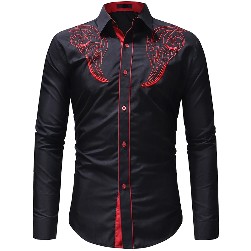 2018 Autumn New Hot Men's Shirt Totem Embroidery Men's Casual Slim Long Sleeve Shirt Solid Color Print Long Sleeve Shirt
