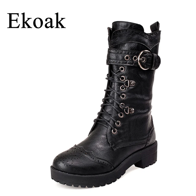 

Ekoak New 2018 Sexy Middle Heels Motorcycle Boots Lace-Up Autumn Leather Platform Mid-Calf Boots for Women Ladies Shoes Woman