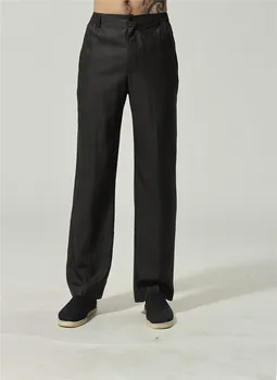 

High Quality Solid Black Men 100% Real Silk Waist Straight Mid Elastic Casual Loose Chinese Tai Chi Pants M L XL XXL XXXL PF020