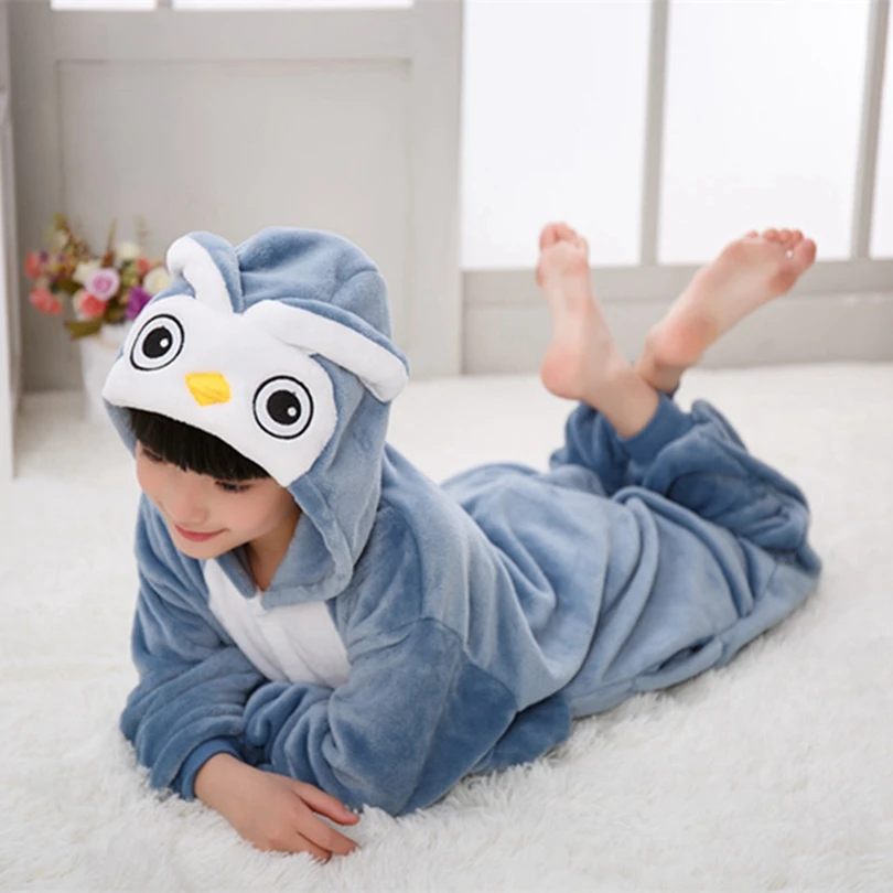 

Boy Girl Children OWL Bird Blue Pajamas Set Flannel Kids Animal Cartoon Cosplay Hooded Pijama infantil Kigurumi Sleepwear