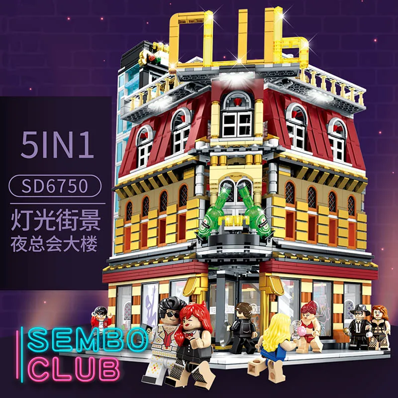 

2488pcs MOC City StreetView 5in1 Nightclub Bar Compatible with Lego Resort Hotel Building Blocks Bricks With LED Light