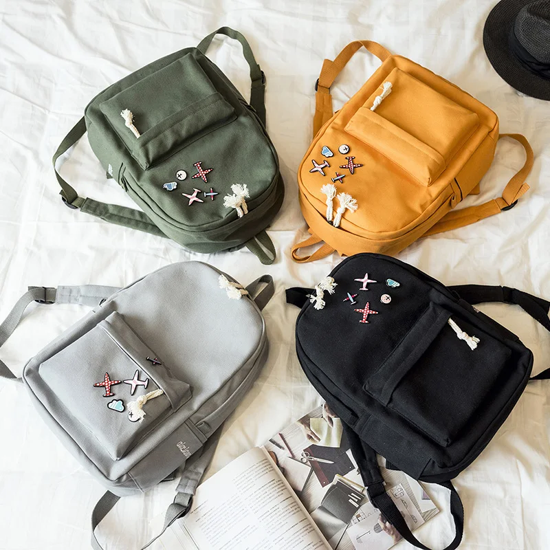 Menghuo 5 Pcsset Women Backpacks Cute Plane Badge School Bags For Teenage Girls Simple Canvas Backpacks Ladies Shoulder Bags (20)