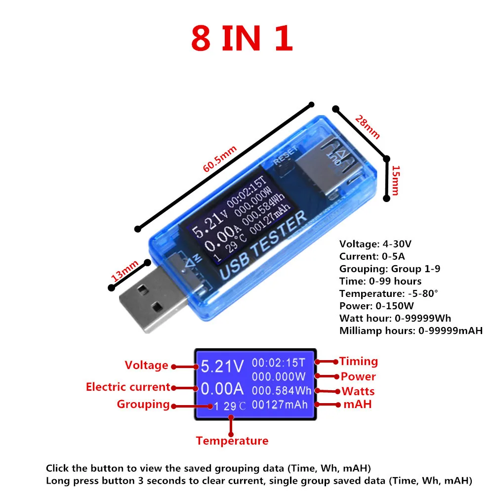 USB ток и напряжение зарядное устройство Емкость тестер доктор измеритель мощности текст вольтметр 24