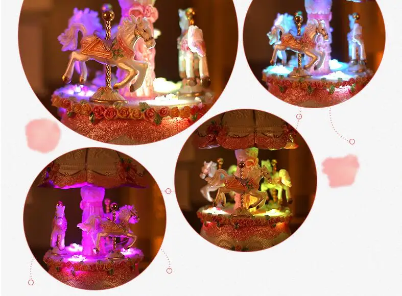 Flashing LED Light Resin Carousel Music Box Kids Ornament Crafts Gifts Home Desk Accessories Decoration music box,carousel music box